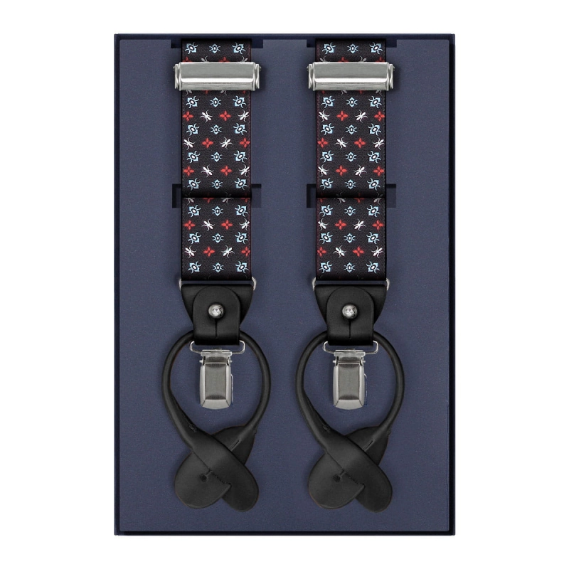 Szelki czarne w lilijki harcerskie zapinane na guziki z wykończeniem skórzanym w kolorze czarnym