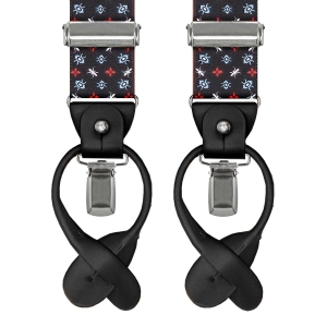 Szelki czarne w lilijki harcerskie zapinane na guziki z wykończeniem skórzanym w kolorze czarnym