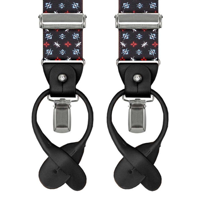 Szelki czarne w lilijki harcerskie zapinane na guziki z wykończeniem skórzanym w kolorze czarnym