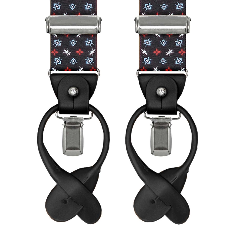 Szelki czarne w lilijki harcerskie zapinane na guziki z wykończeniem skórzanym w kolorze czarnym