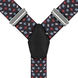 Szelki czarne w lilijki harcerskie zapinane na guziki z wykończeniem skórzanym w kolorze czarnym