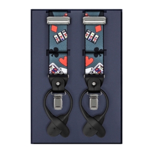 Szelki szare w karty zapinane na guziki z wykończeniem skórzanym w kolorze czarnym