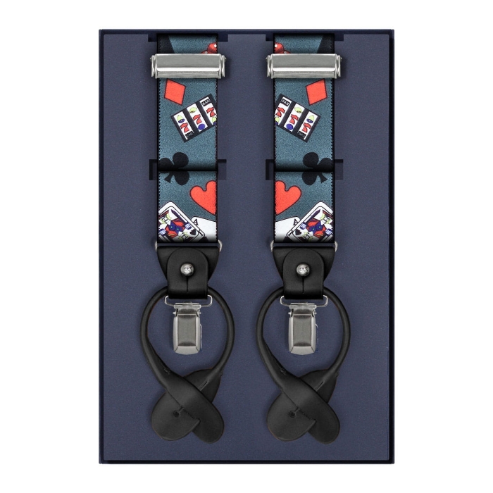 Szelki szare w karty zapinane na guziki z wykończeniem skórzanym w kolorze czarnym