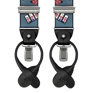 Szelki szare w karty zapinane na guziki z wykończeniem skórzanym w kolorze czarnym