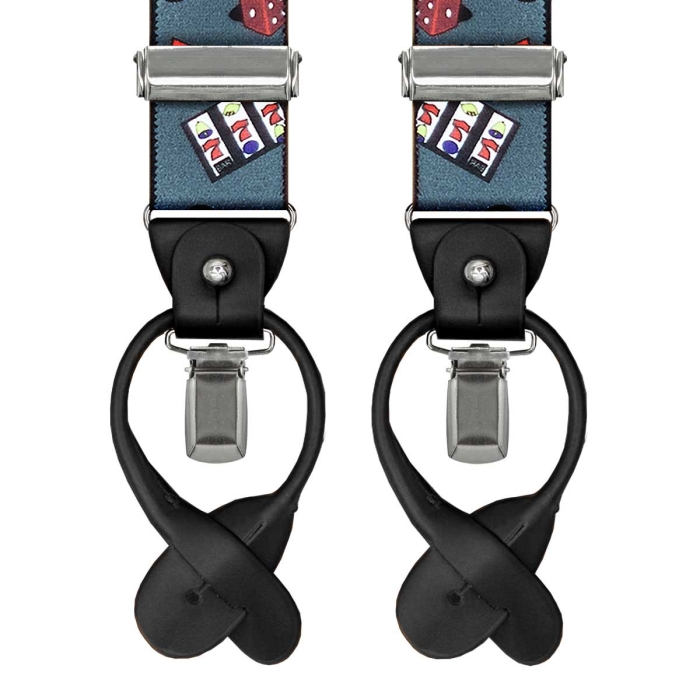 Szelki szare w karty zapinane na guziki z wykończeniem skórzanym w kolorze czarnym