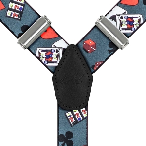 Szelki szare w karty zapinane na guziki z wykończeniem skórzanym w kolorze czarnym