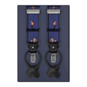 Szelki granatowe w golfistów zapinane na guziki z wykończeniem skórzanym w kolorze czarnym