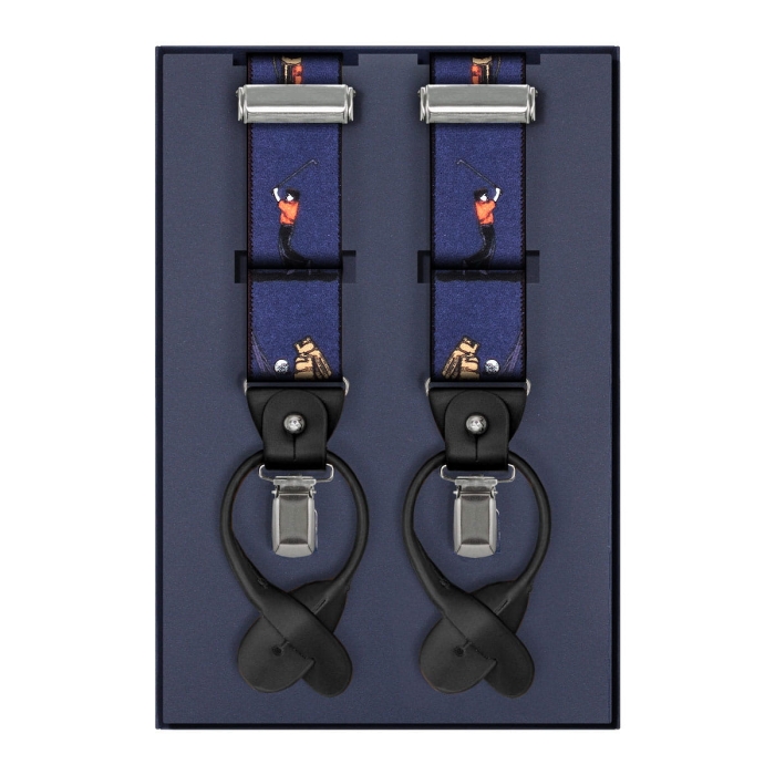 Szelki granatowe w golfistów zapinane na guziki z wykończeniem skórzanym w kolorze czarnym