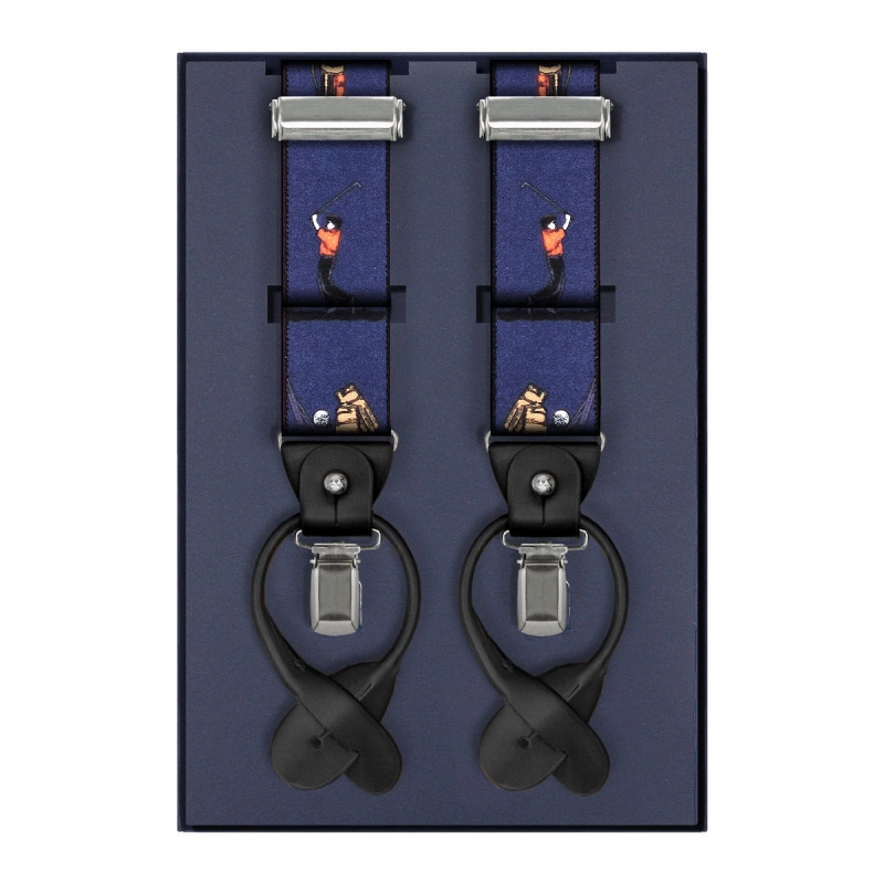 Szelki granatowe w golfistów zapinane na guziki z wykończeniem skórzanym w kolorze czarnym