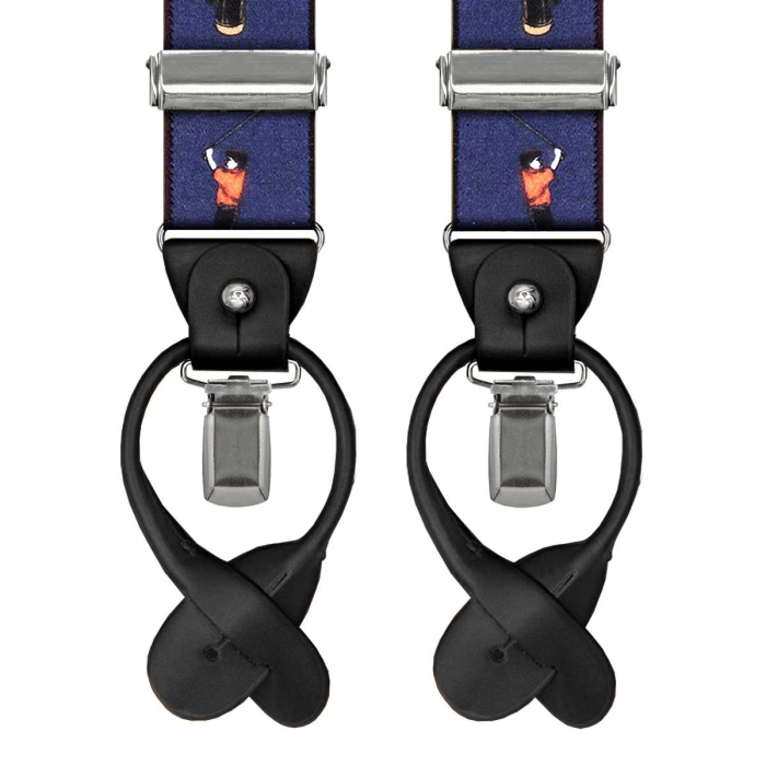 Szelki granatowe w golfistów zapinane na guziki z wykończeniem skórzanym w kolorze czarnym