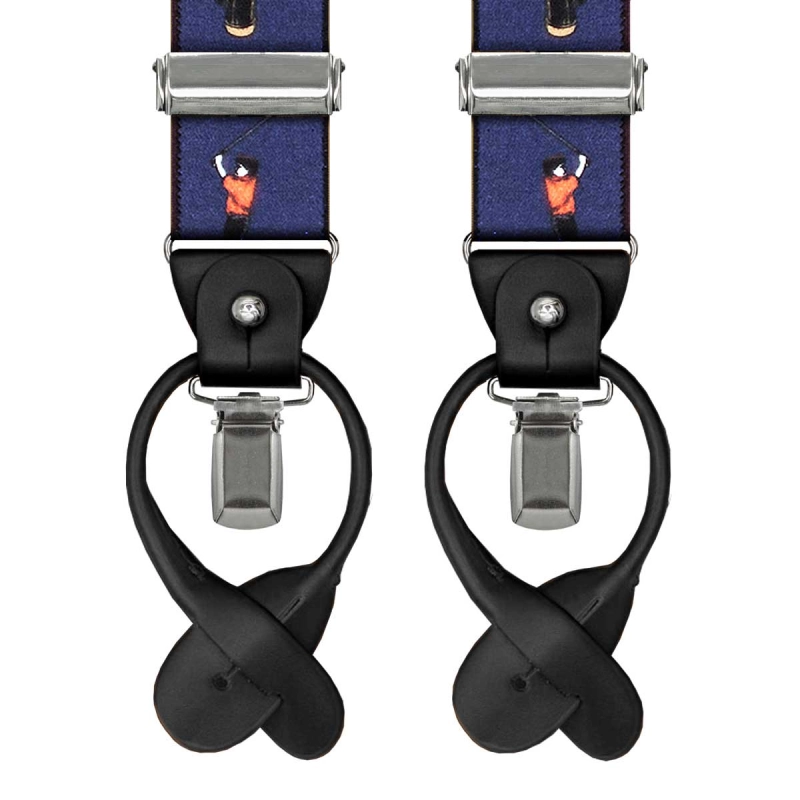 Szelki granatowe w golfistów zapinane na guziki z wykończeniem skórzanym w kolorze czarnym