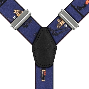 Szelki granatowe w golfistów zapinane na guziki z wykończeniem skórzanym w kolorze czarnym