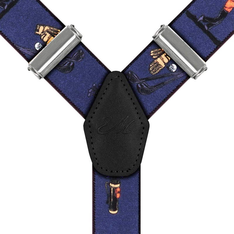 Szelki granatowe w golfistów zapinane na guziki z wykończeniem skórzanym w kolorze czarnym