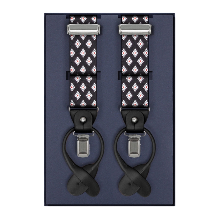 Szelki czarne w romby zapinane na guziki z wykończeniem skórzanym w kolorze czarnym