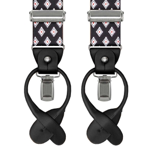 Szelki czarne w romby zapinane na guziki z wykończeniem skórzanym w kolorze czarnym