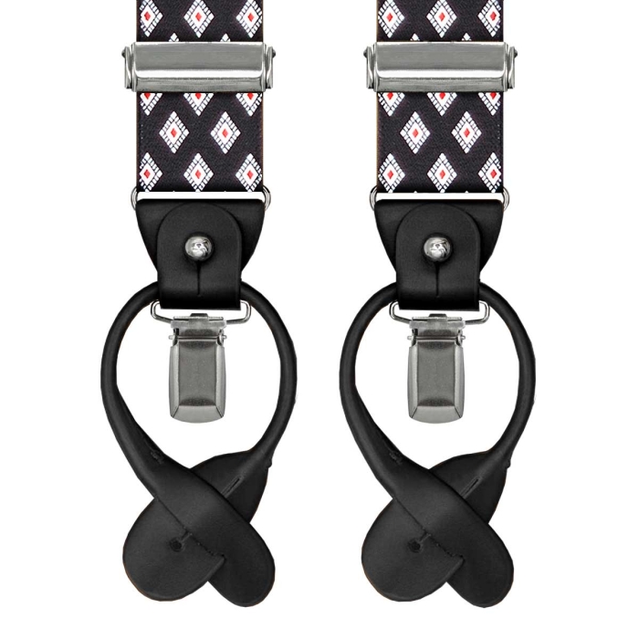 Szelki czarne w romby zapinane na guziki z wykończeniem skórzanym w kolorze czarnym