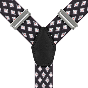 Szelki czarne w romby zapinane na guziki z wykończeniem skórzanym w kolorze czarnym