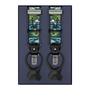 Szelki zielone z motywem wędkarskim zapinane na guziki z wykończeniem skórzanym w kolorze czarnym