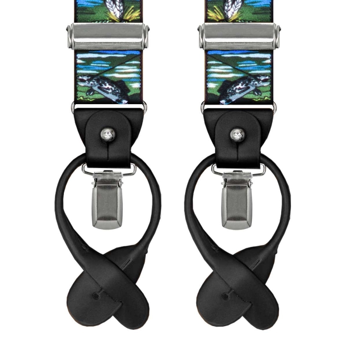 Szelki zielone z motywem wędkarskim zapinane na guziki z wykończeniem skórzanym w kolorze czarnym