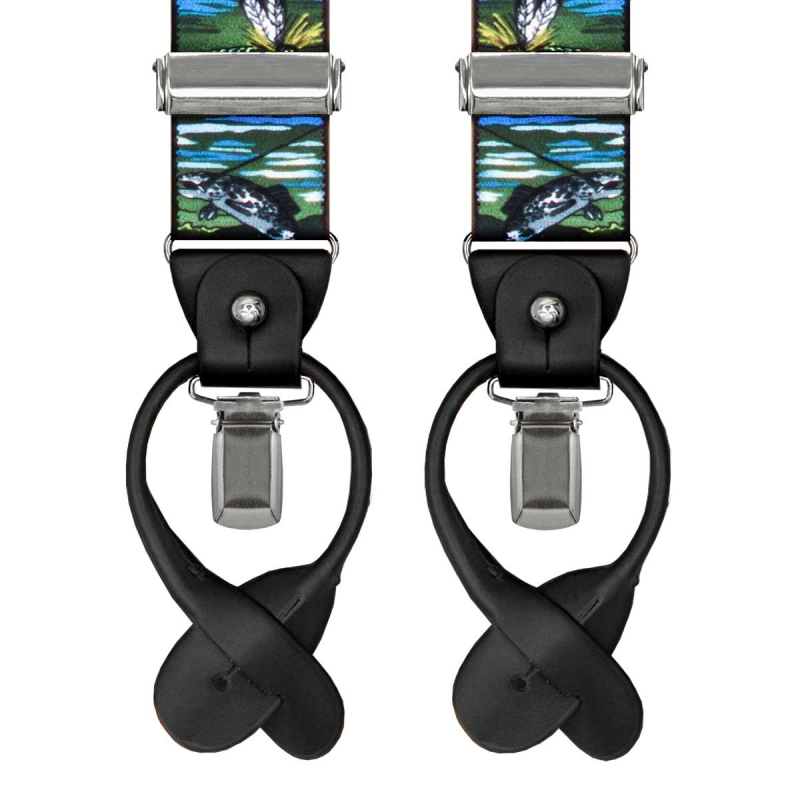 Szelki zielone z motywem wędkarskim zapinane na guziki z wykończeniem skórzanym w kolorze czarnym