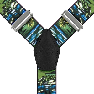 Szelki zielone z motywem wędkarskim zapinane na guziki z wykończeniem skórzanym w kolorze czarnym