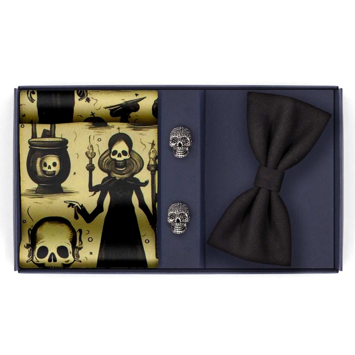 HALLOWEEN - Zestaw prezentowy: poszetka w kościotrupy + mucha + spinki czaszki