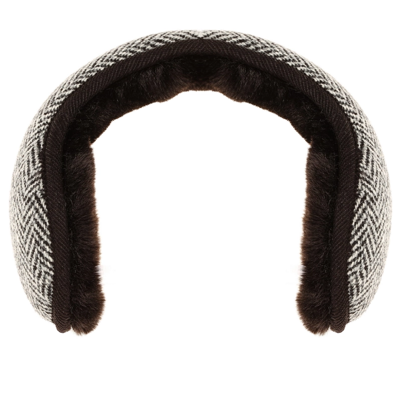 Nauszniki zimowe szare / czarno - białe w pepitkę z wełny Harris Tweed z ociepleniem - składane