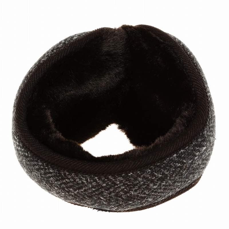 Nauszniki zimowe szare w pepitkę z wełny Harris Tweed z ociepleniem - składane
