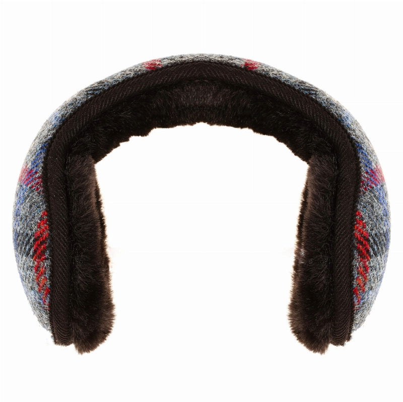 Nauszniki zimowe szaro-granatowe w kratę z wełny Harris Tweed z ociepleniem - składane