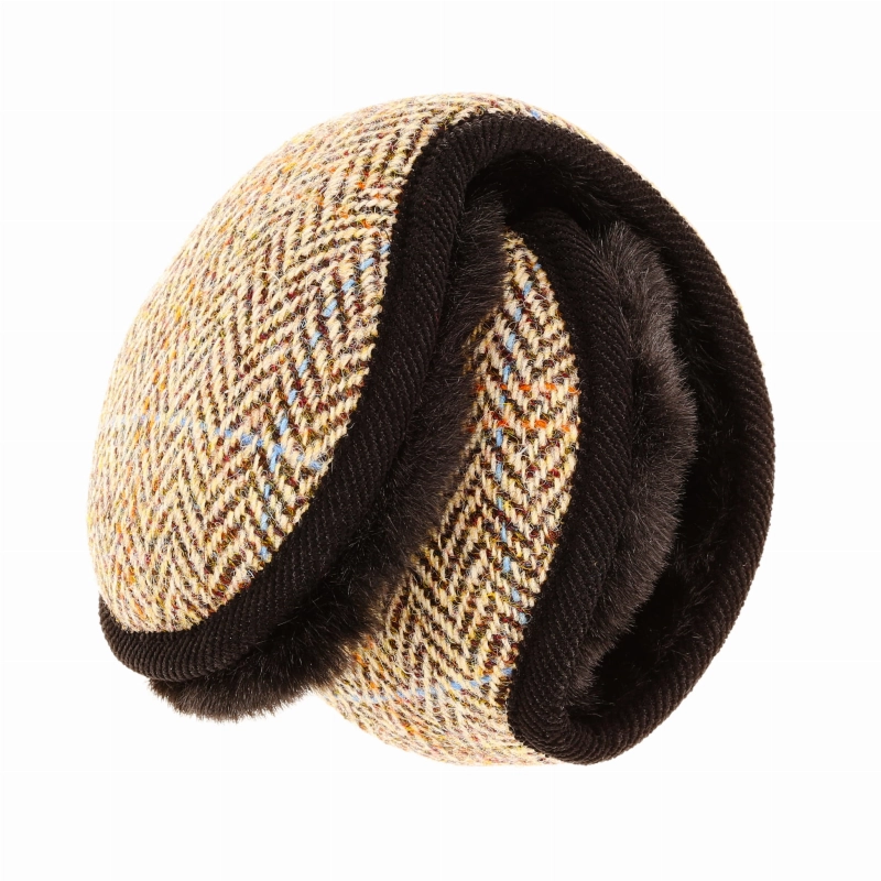 Nauszniki zimowe beżowo-brązowe w jodełkę z wełny Harris Tweed z ociepleniem - składane