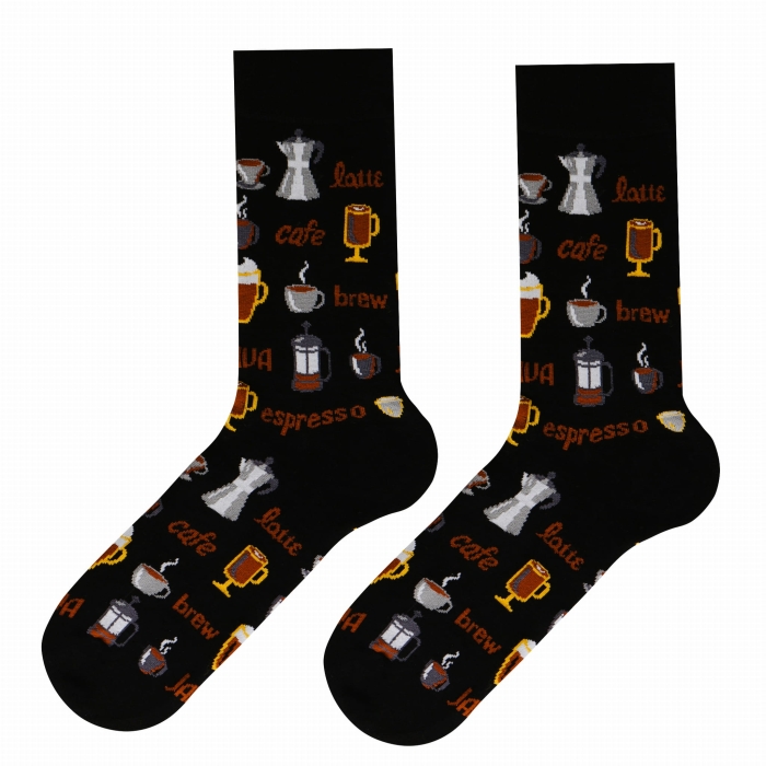 Skarpety kolorowe - czarne - motyw z kawą / kawowy