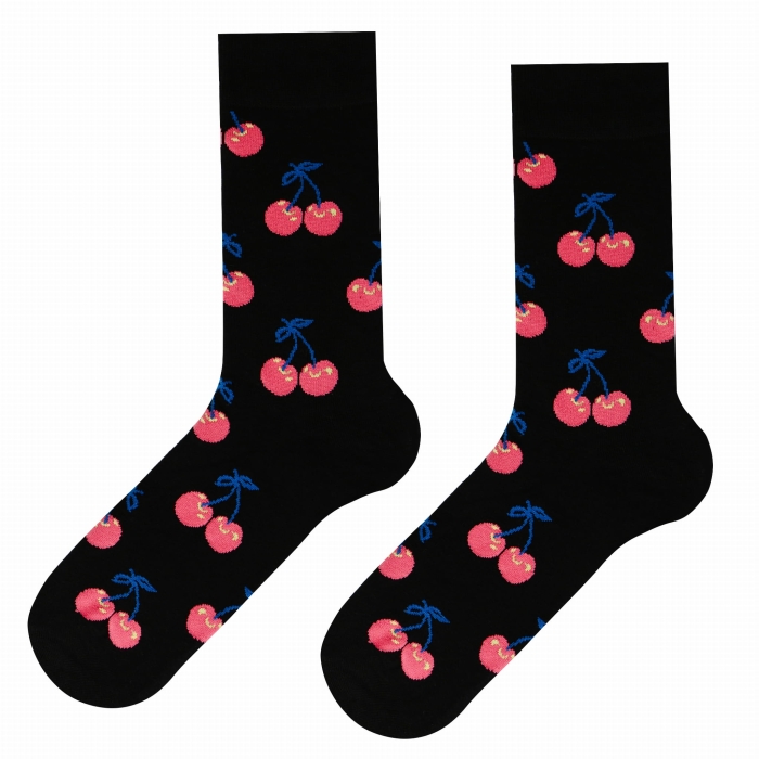 Skarpety kolorowe - czarne - wiśnie / czereśnie