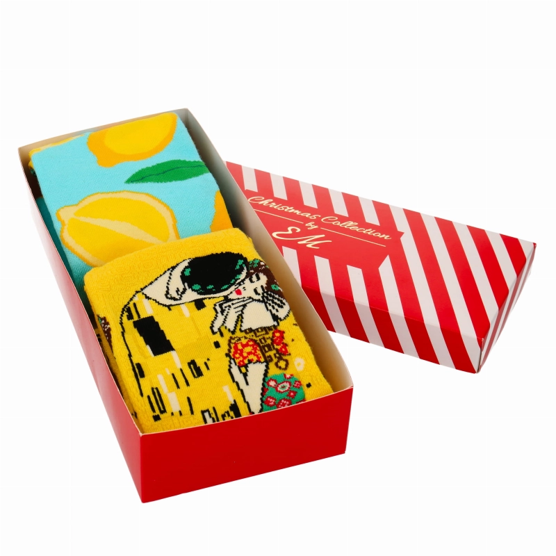 Zestaw 2 par skarpet kolorowych - pocałunek Klimt + cytryny