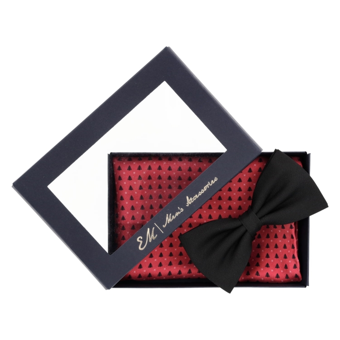 Zestaw dla mężczyzny w kolorze czerwonym: mucha bawełniana + poszetka jedwabna zapakowane w pudełko