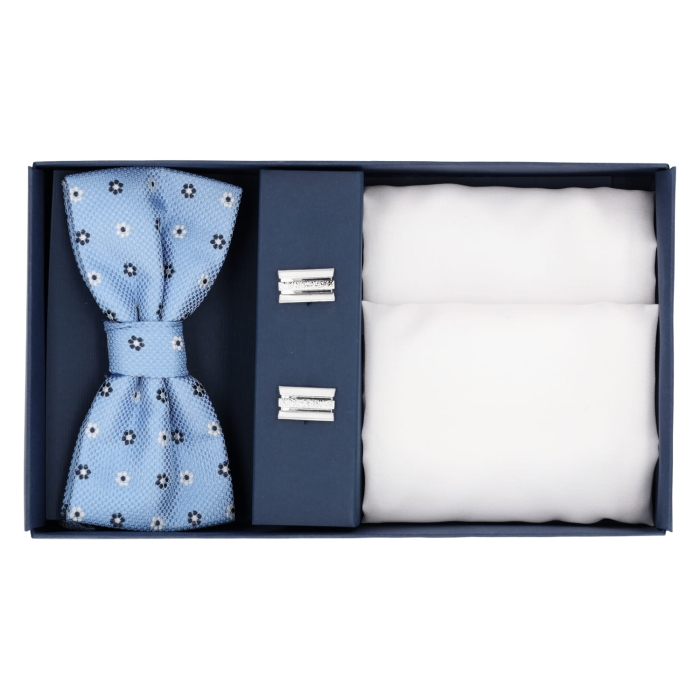 Zestaw prezentowy - Mucha poszetka spinki zapakowane w eleganckie pudełko