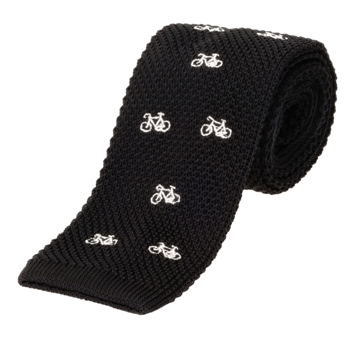 Knit czarny w rowery - krawat dzianinowy gładki zakończony na równo