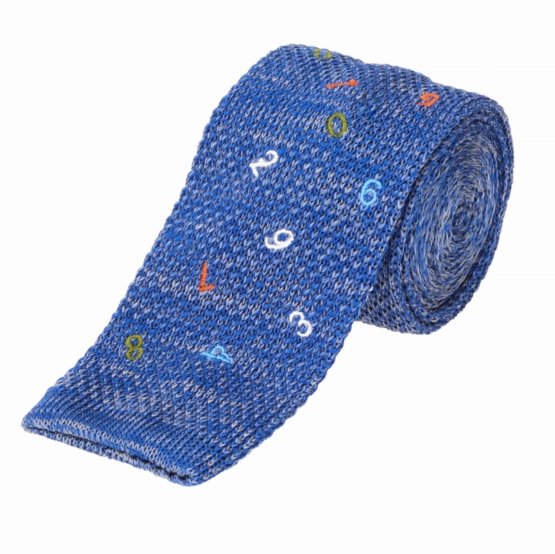 Knit niebieski w cyfry / matematyczny - krawat dzianinowy melanżowy zakończony na równo
