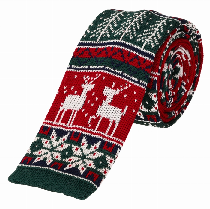 Knit świąteczny w choinki, renifery i gwiazdy - krawat dzianinowy zakończony na równo