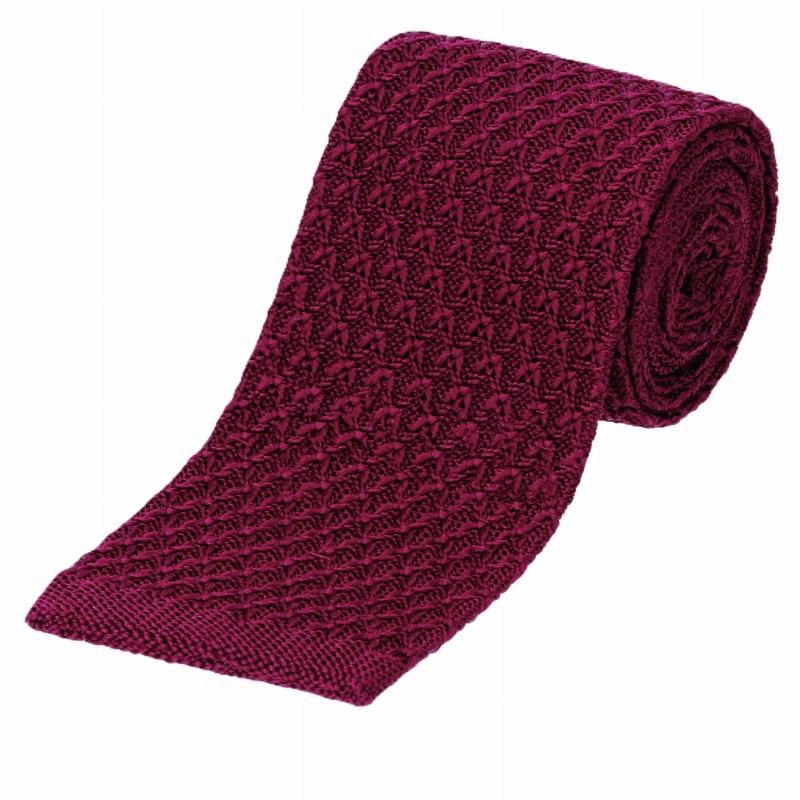 Knit bordowy gładki jedwabny - krawat dzianinowy zakończony na równo