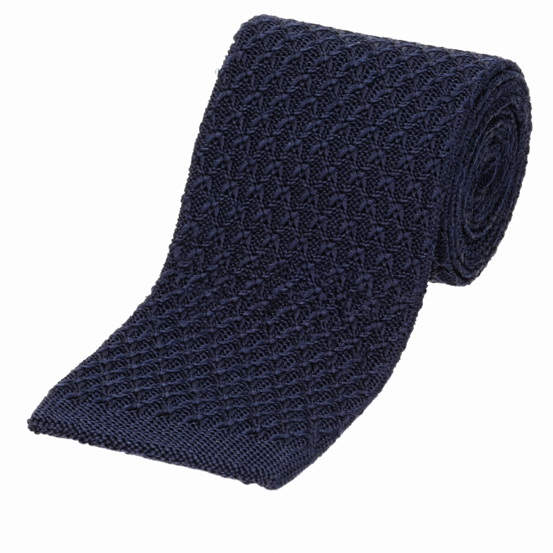 Knit granatowy gładki jedwabny - krawat dzianinowy zakończony na równo