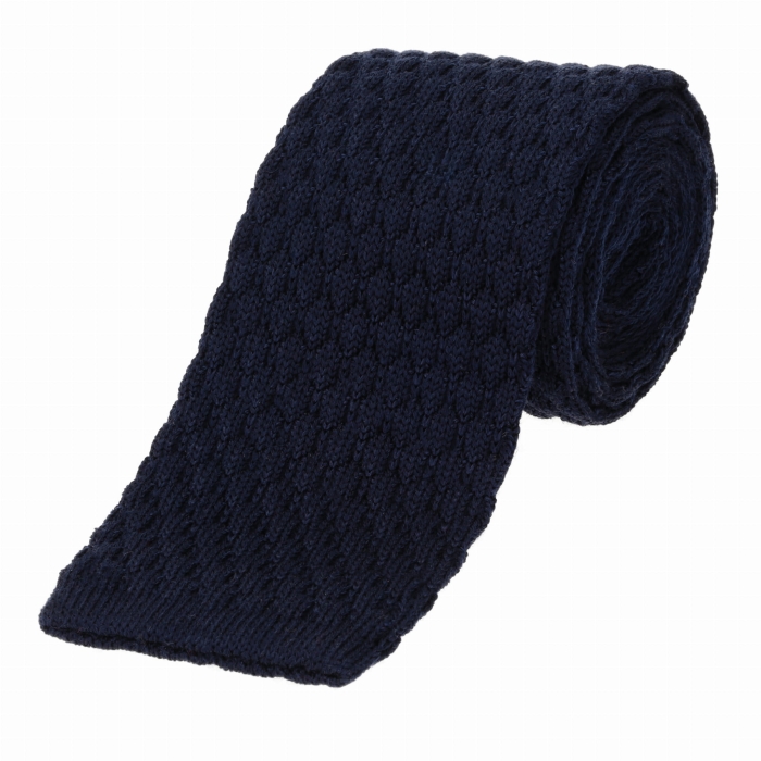 Knit granatowy gładki z fakturą wykonany z wełny i jedwabiu - krawat dzianinowy zakończony na równo