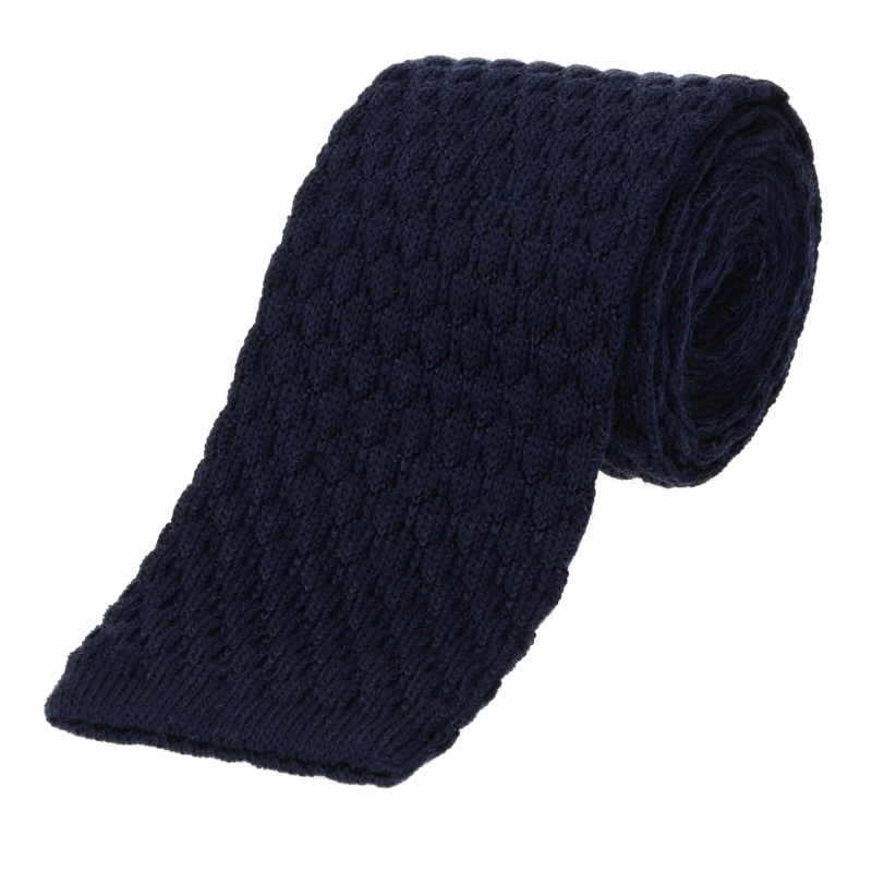 Knit granatowy gładki z fakturą wykonany z wełny i jedwabiu - krawat dzianinowy zakończony na równo