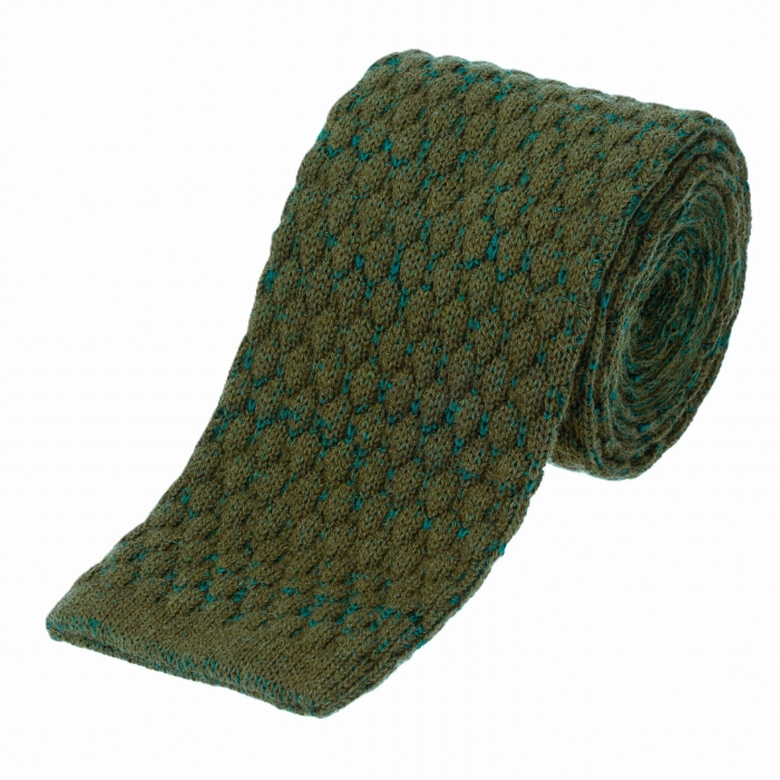 Knit zielony / khaki gładki z fakturą wykonany z wełny i jedwabiu - krawat dzianinowy zakończony na równo