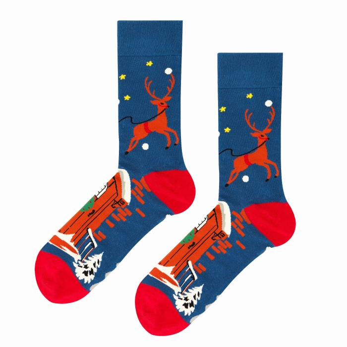 Skarpety świąteczne kolorowe - granatowe - renifer / jelonek