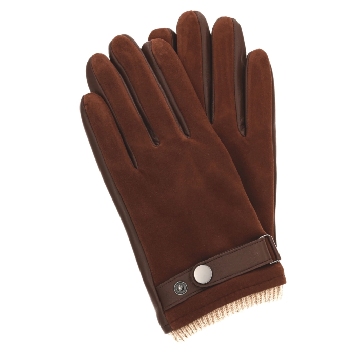 Rękawiczki skórzane eleganckie - camelowe / koniakowe - skóra zamszowa i owcza - EM PREMIUM COLLECTION