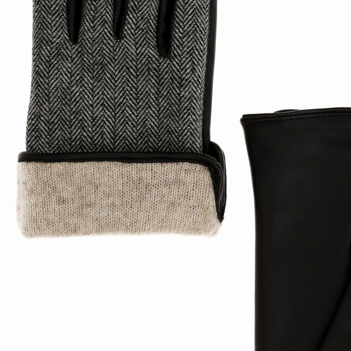 Rękawiczki skórzane eleganckie w pepitkę - czarne / szare - skóra owcza i wełna- EM PREMIUM COLLECTION