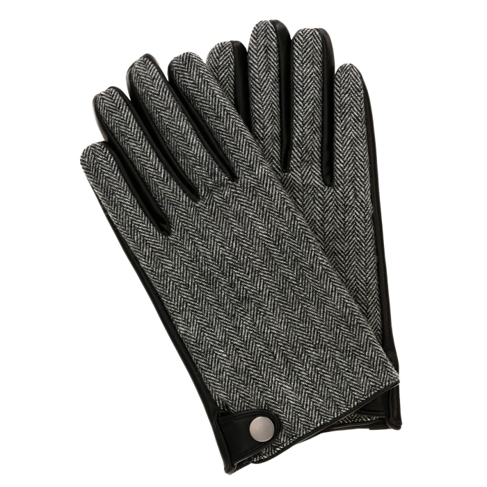 Rękawiczki skórzane eleganckie w pepitkę - czarne / szare - skóra owcza i wełna- EM PREMIUM COLLECTION