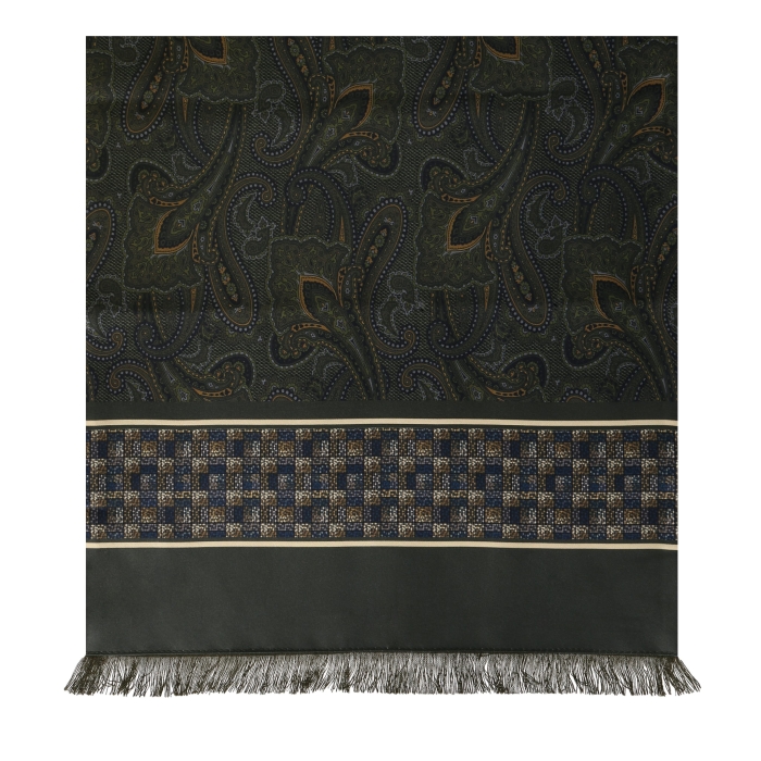 Męski szalik wykonany z jedwabiu i wełny we wzory i paisley - butelkowa zieleń / zgniła zieleń EM / wełniany - jedwabny