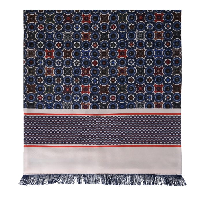 Męski szalik wykonany z jedwabiu i wełny we wzory - granatowo - kremowy EM / wełniany - jedwabny