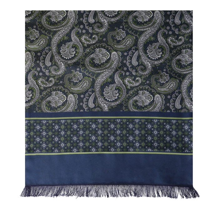 Męski szalik wykonany z jedwabiu i wełny w paisley i wzory - granatowo - zielony EM / wełniany - jedwabny